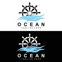 Ship Steering Logo, Ocean Icons Ship Steering Vector With Ocean Waves, Sailboat Anchor And Rope, Company Brand Sailing Design