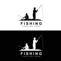 fishing logo icon vector, catch fish on the boat, outdoor sunset silhouette design vector