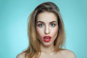 girl with red lips surprised photo