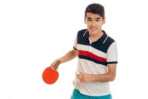 happy sportsman practicing ping-pong isolated on white background photo