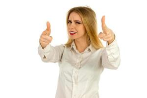 girl smiling and showing two fingers at the camera photo