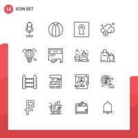 Mobile Interface Outline Set of 16 Pictograms of air secure key protection data Editable Vector Design Elements