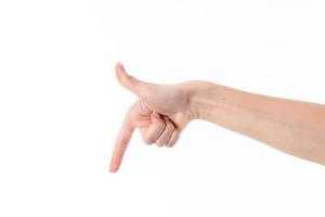 woman's hand with the index finger of the flaps lowered isolated on white background photo