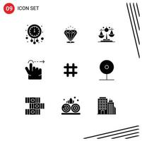 Modern Set of 9 Solid Glyphs Pictograph of hash tag swipe stone gesture finance Editable Vector Design Elements