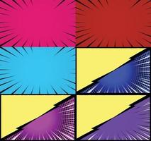 Comic book colorful frames background with halftone rays radial and dotted effects pop art style vector