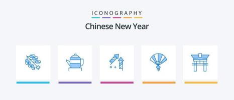 paquete de iconos azul 5 del año nuevo chino que incluye el puente. chino. fuegos artificiales. China. admirador. diseño de iconos creativos vector