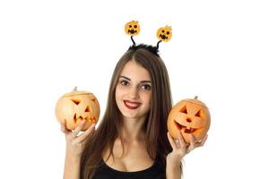 cheerful brunette woman in halloween style photo