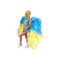 Lovely woman in Blue and yellow wreath and wings photo