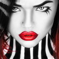 Black and white portrait of beauty woman with red lips photo