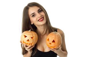 heerful brunette lady in halloween style photo