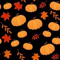 Seamless pattern with hand drawn pumpkins and leaves. Cute design for Halloween or Thankful day. Vector vegetable illustration.