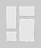 Set of torn white note. Scraps of torn paper of various shapes isolated on gray background. Vector illustration.