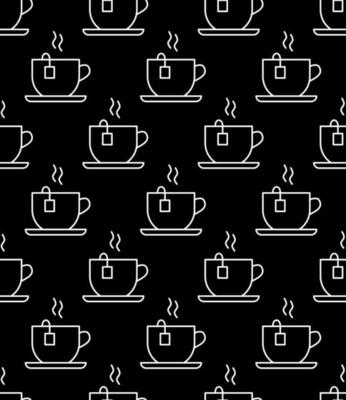 Coffee cup seamless pattern. Sketch tea and coffee cups, hot drinks various mugs black outline, cafeteria wallpaper engraving vector texture. Takeaway paper cups, design for coffee house