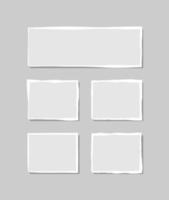 Set of torn white note. Scraps of torn paper of various shapes isolated on gray background. Vector illustration.