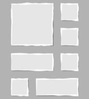 Set of torn white note. Scraps of torn paper of various shapes isolated on gray background. Vector illustration.