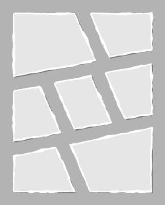Set of torn white note. Scraps of torn paper of various shapes isolated on gray background. Vector illustration.