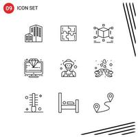 Modern Set of 9 Outlines Pictograph of farmer premium cube monitor diamond Editable Vector Design Elements