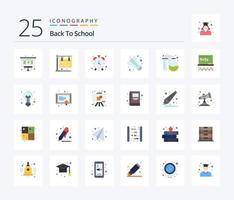 Back To School 25 Flat Color icon pack including education. flask tube. clock. lab. game vector