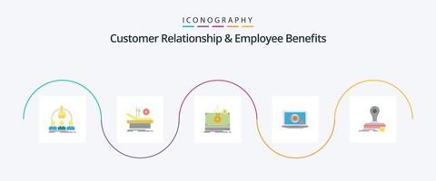 relación con el cliente y beneficios para empleados paquete de 5 iconos planos que incluye sello. LCD. hospital. monitor. transferir vector