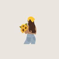 Beautiful young woman. Sunflower bouquet. Trendy Summer outfit. Vector
