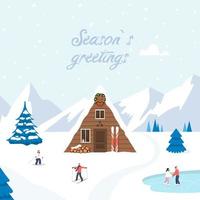 Felices Fiestas. linda casa de madera en el bosque. montañas nevadas. paisaje de invierno vector