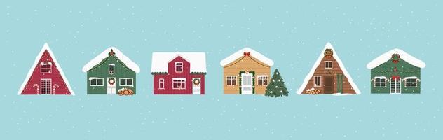 Cute Christmas and winter houses. Christmas outdoor decorations. New year 2022. Vector