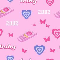 Y2k seamless pattern. Old phone, 2000s, hearts, butterfly. Vector