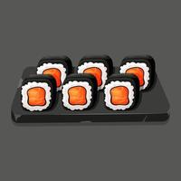 plato roto de piedra con rollos de sushi con nori, salmón. dibujos animados de comida asiática vector