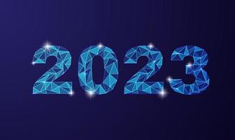 2023aHappy New Year 2023 card with white and blue futuristic sparkle  light numbers. Greeting card, poster, postcard. Vector