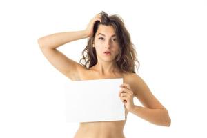 nude brunette girl with placard photo