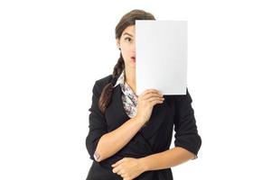 woman in uniform with white placard in hands photo