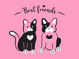 Cat and dog together are best friends. Friendship of two cute cartoon pet characters. Pair of french bulldog and kitty with text