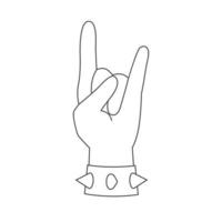 gesto de mano de contorno de roca. símbolo de brazo de heavy metal y punk con brazalete con púas. ilustración de la línea vectorial del signo basculante con pulsera con espinas vector