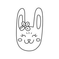 Vector outline bunny icon for children, rabbit doodle girl with flower for new year