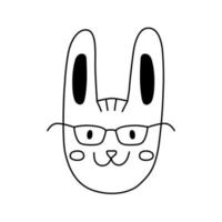 Vector outline bunny icon for children, rabbit doodle silhouette in glasses for Merry Christmas