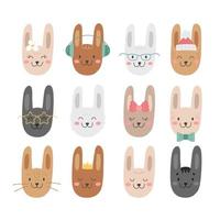 Vector set of cute doodle rabbits. Black bunny as a symbol of chinese new year 2023. Funny collection of rabbit icons in glasses, crown, hat, with bow, flower