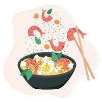 Egg udon noodles with seafood vector illustration. Asia food