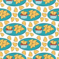 Corn chips with spicy sauce seamless pattern. Latin american food background vector