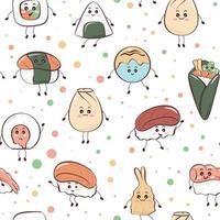 Patrón sin costuras de comida asiática kawaii. personajes sushi, manju, onigiri, fondo dim sum. impresión divertida para la ilustración vectorial textil, papel, embalaje, trani y diseño vector
