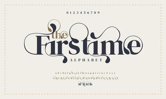 Fist time luxury elegant alphabet letters and numbers. Elegant wedding typography classic serif font decorative vintage retro. vector