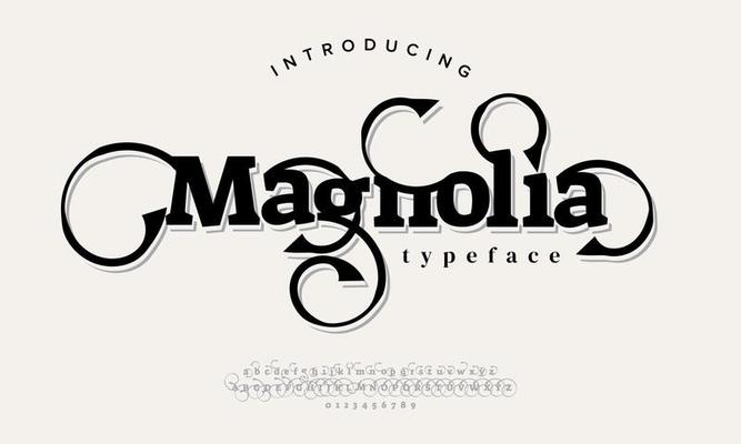 Magnolia luxury elegant alphabet letters and numbers. Elegant wedding typography classic serif font decorative vintage retro.