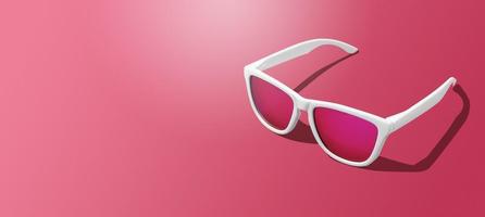 Banner of white sunglasses on magenta background with hard light scene and copy space. Studio shot of modern sunglasses on Viva Magenta tones background. photo