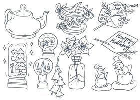 Poinsettia in a vase flowers New Year's Christmas decorations feast separate elements doodle sketch hand drawn on a white background coloring book vector
