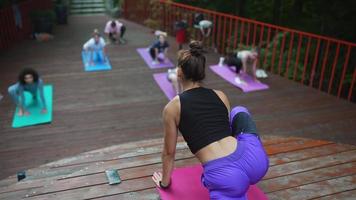 kvinna utför yoga poser och sträckor på utomhus- skede video