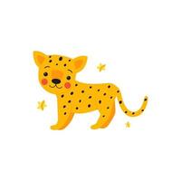 pequeño leopardo bebé dibujado en estilo de dibujos animados y aislado sobre fondo blanco. impresión vectorial divertida para niños textiles, papelería vector