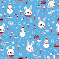 Cute winter pattern with smiling baby bunnies, snowman and gifts on blue background. Funny Christmas print for kids textile, wrapping paper vector