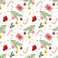 Winter pattern with holly berries, socks, Christmas tree branches, candy canes. Seamless vector background drawn in flat style for textile, wrapping paper, scrapbooking design