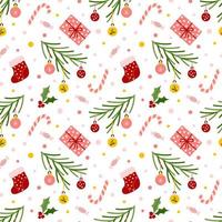 Winter pattern with holly berries, socks, Christmas tree branches, candy canes. Seamless vector background drawn in flat style for textile, wrapping paper, scrapbooking design