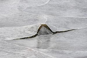 Rock cracking through the ice in Vagspollen in the Lofoten Islands, Norway in the winter. photo