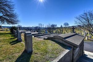 New York City - Feb 23, 2020 -   Calvary Cemetery with Manhattan skyline in New York. Calvary Cemetery is a cemetery in Queens, containing more than 3 million burials. photo